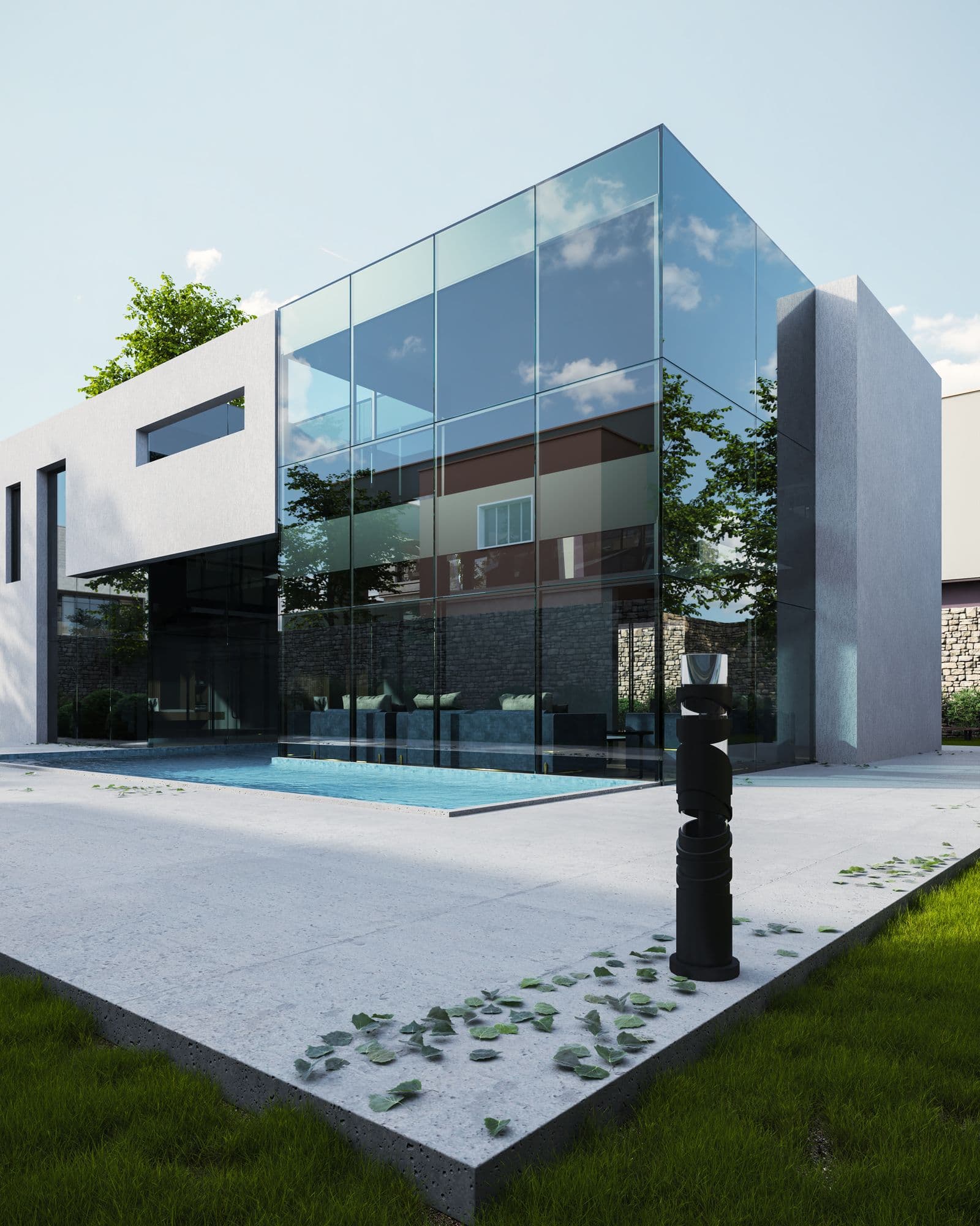 Casa moderna com fachada de vidro e piscina