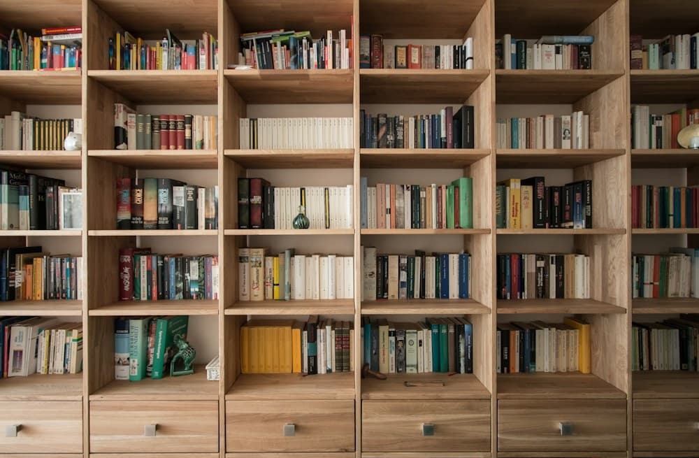 Estante de madeira preenchida com livros